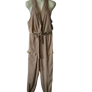 New York Company Tan Utility Jumpsuit Wide‎ Leg Belted Cargo Pockets Size L